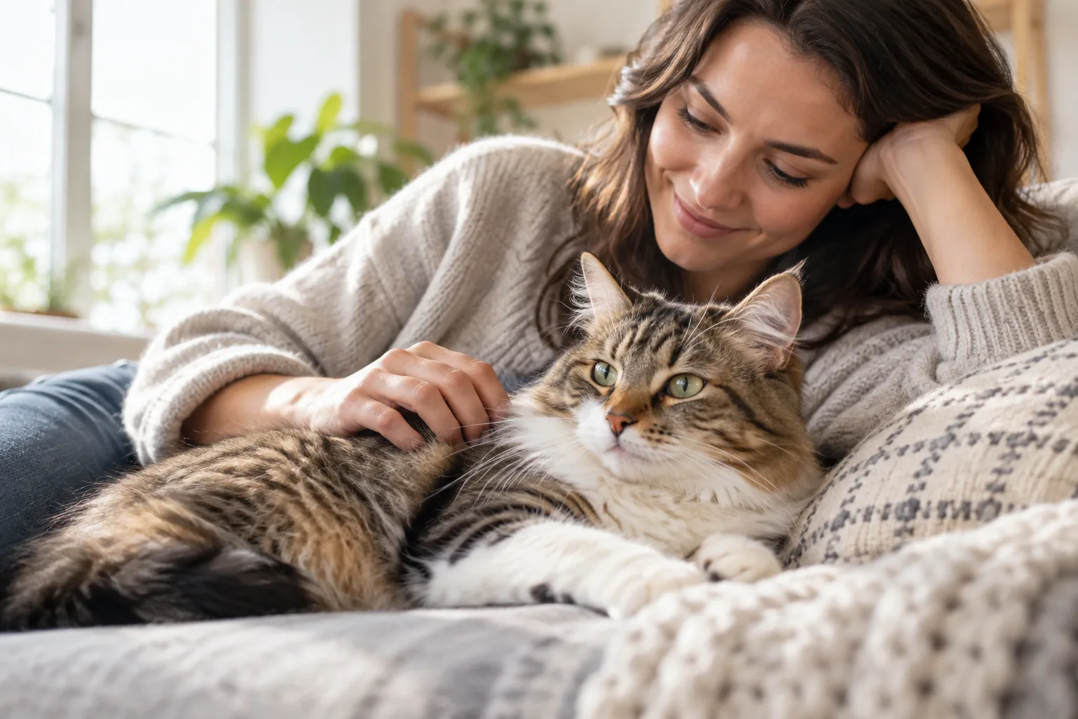Owner sitting with a relaxed tabby cat on a sofa